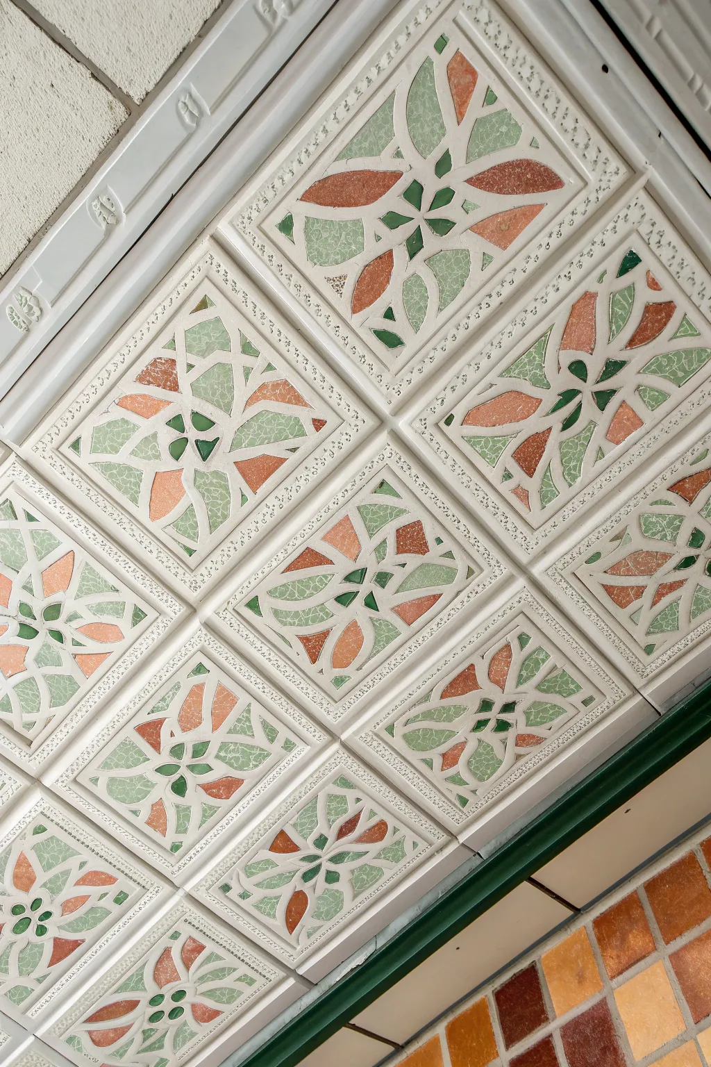 Mosaic illusion ceiling tile with painted grout lines for an easy faux mosaic look.