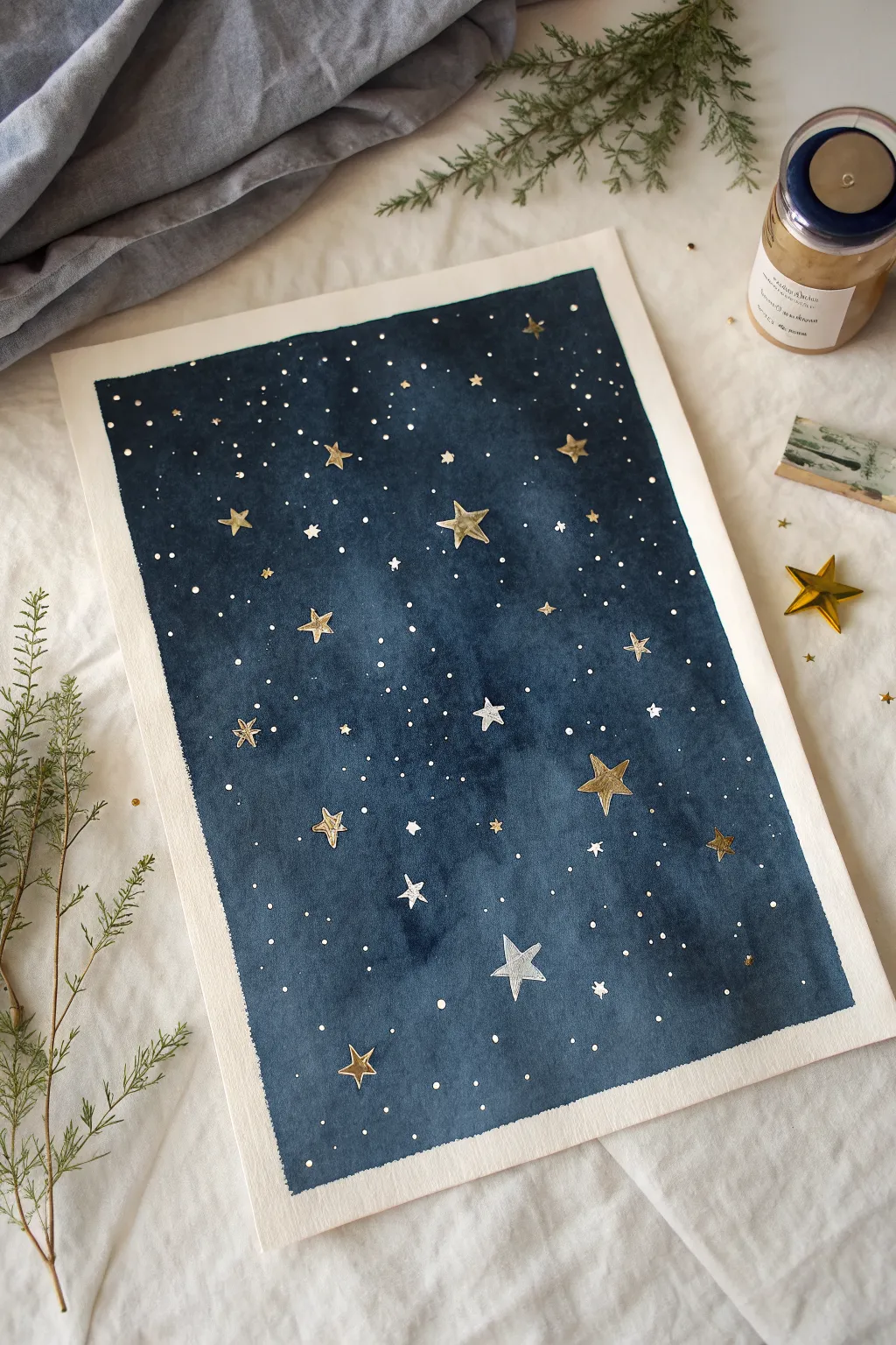 DIY night-sky painting with metallic stars and foil sparkles, glowing against deep indigo.