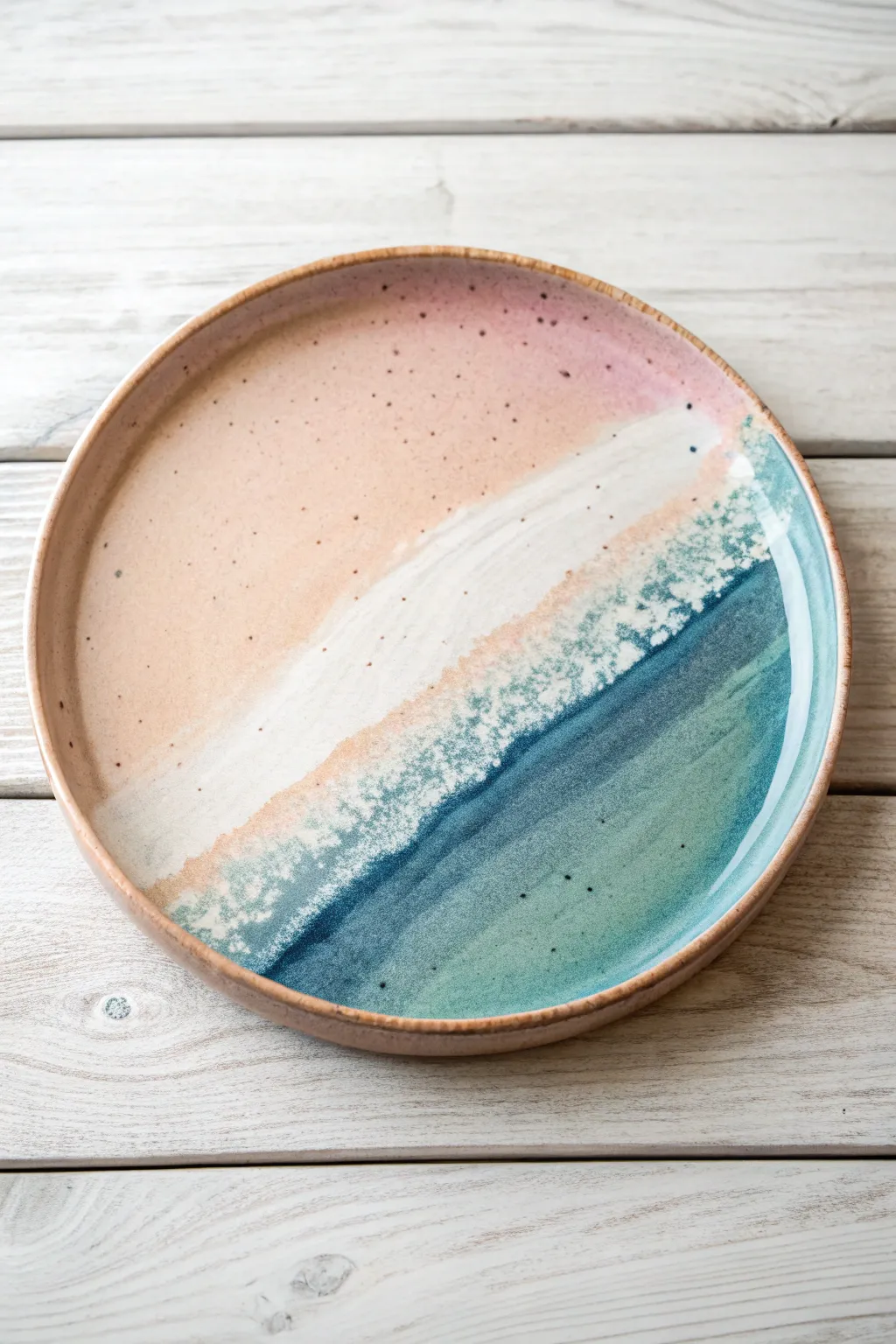 Watercolor-style underglaze washes on a handmade platter, paired with simple tonal test tiles.