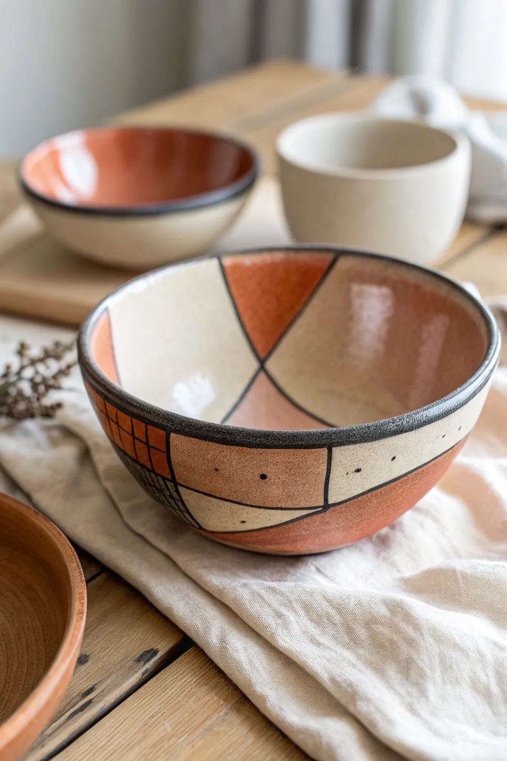 Color-blocked geometrics on a ceramic bowl for modern Scandinavian-boho painting inspiration.