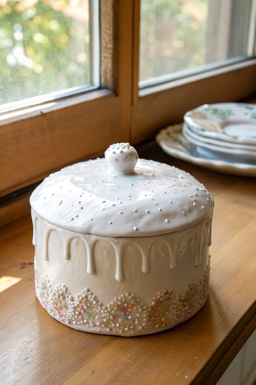 Playful ceramic box with a frosting-drip lid, glossy highlights and subtle sprinkle texture.
