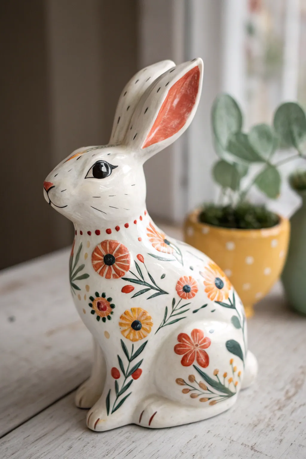 Bold petal florals bring this ceramic bunny to life in bright, minimalist Scandinavian light.