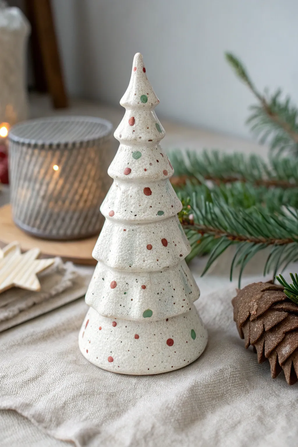 Speckled off-white ceramic tree with terrazzo dots for a minimalist, cozy holiday craft.