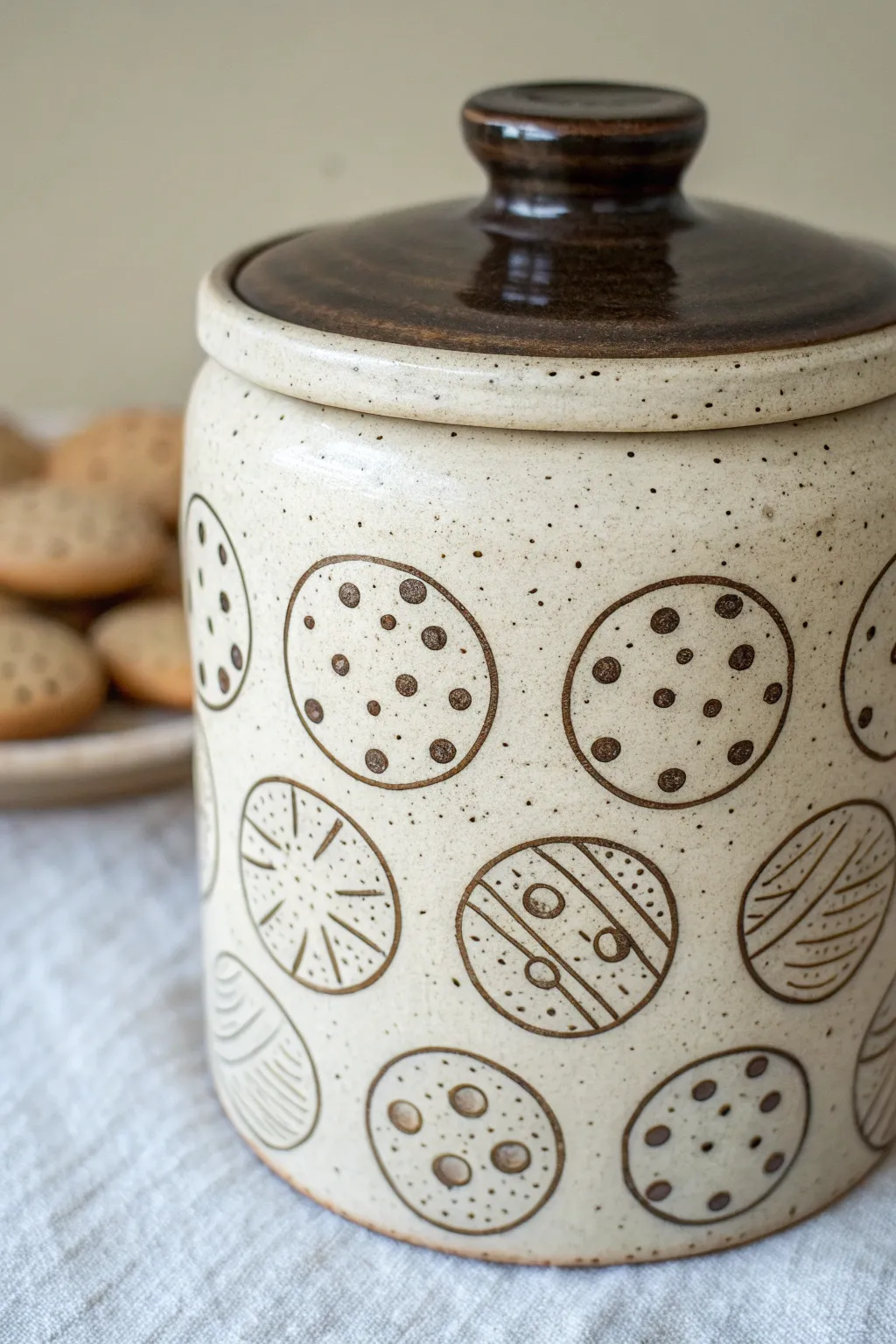 Sgraffito cookie line art on a matte ceramic jar, crisp scratched texture with warm minimal contrast.