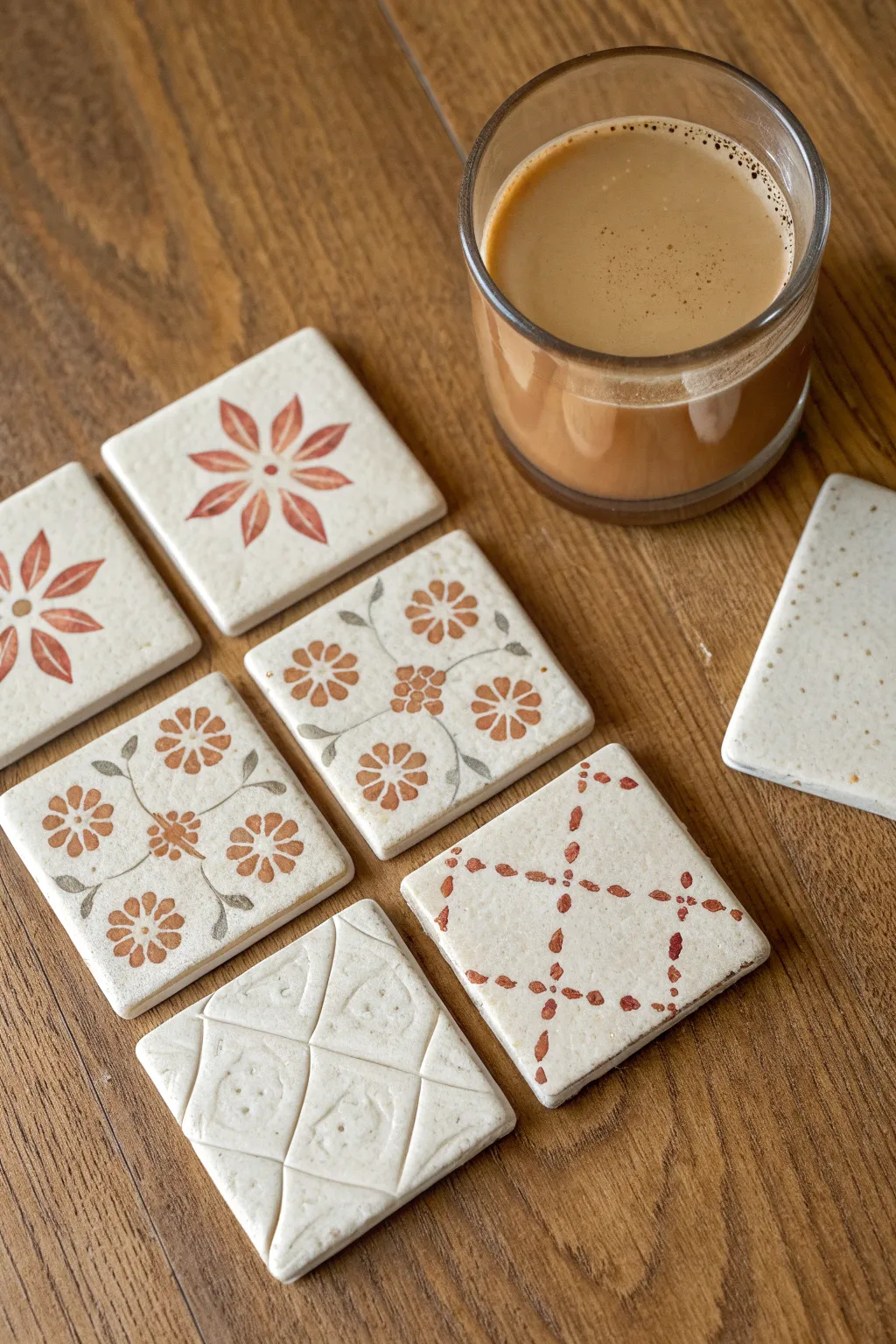 Mix-and-match stamped ceramic coasters styled with a warm drink on a natural wooden table