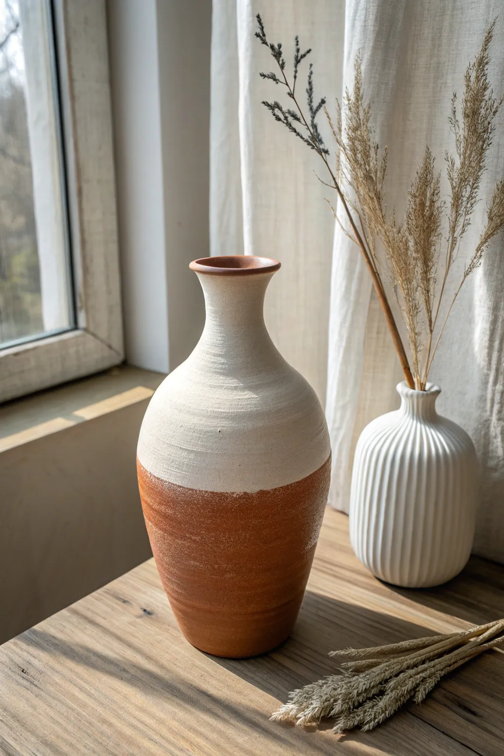 Two tone dipped ceramic vase painting idea with crisp lines, soft neutrals, and minimalist boho style