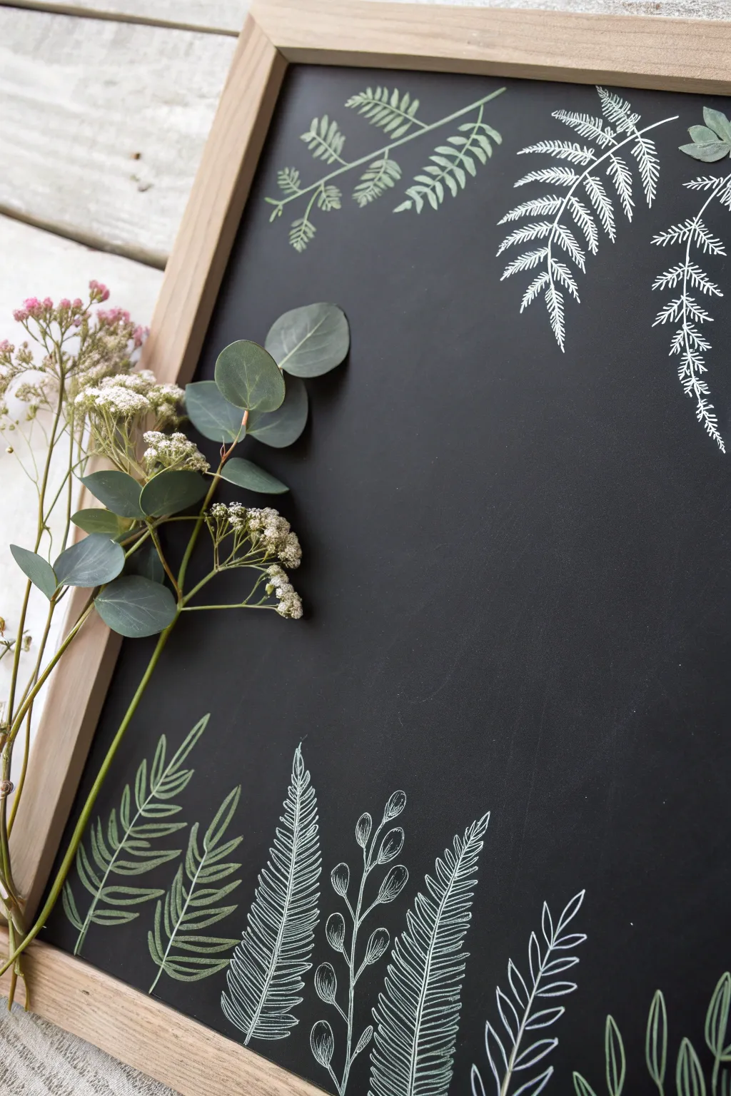 Minimal botanical chalk corner clusters, airy center space for notes, modern Scandinavian boho vibe