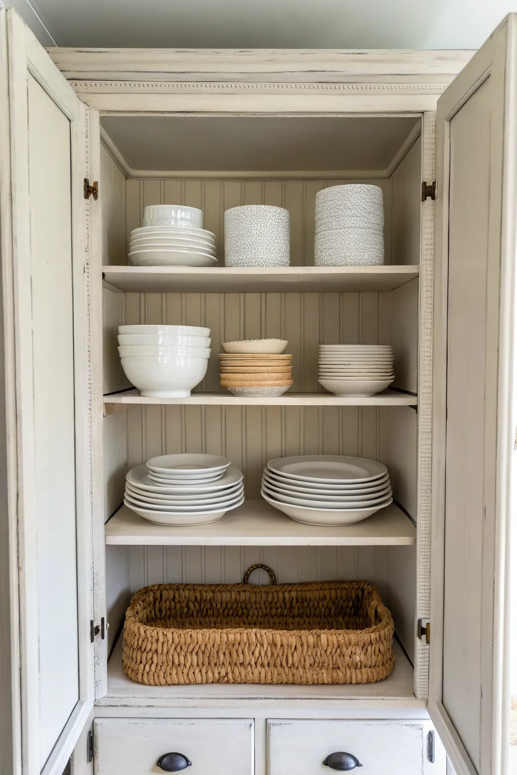Chalk-painted china cabinet with beadboard backing and tidy dish stacks for crisp, cozy lines