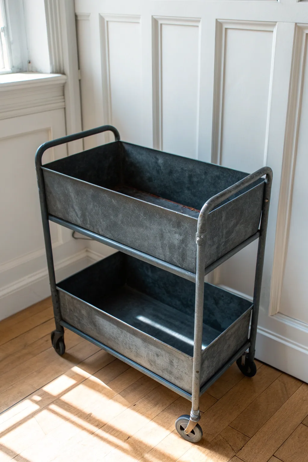 Deep matte chalk-painted metal cart, industrial edge meets soft Scandinavian minimalism.