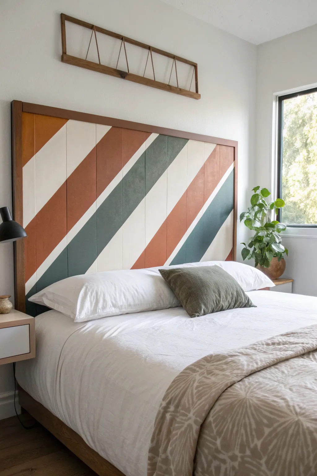Geometric chalk-paint color blocks that turn a simple headboard into modern boho art
