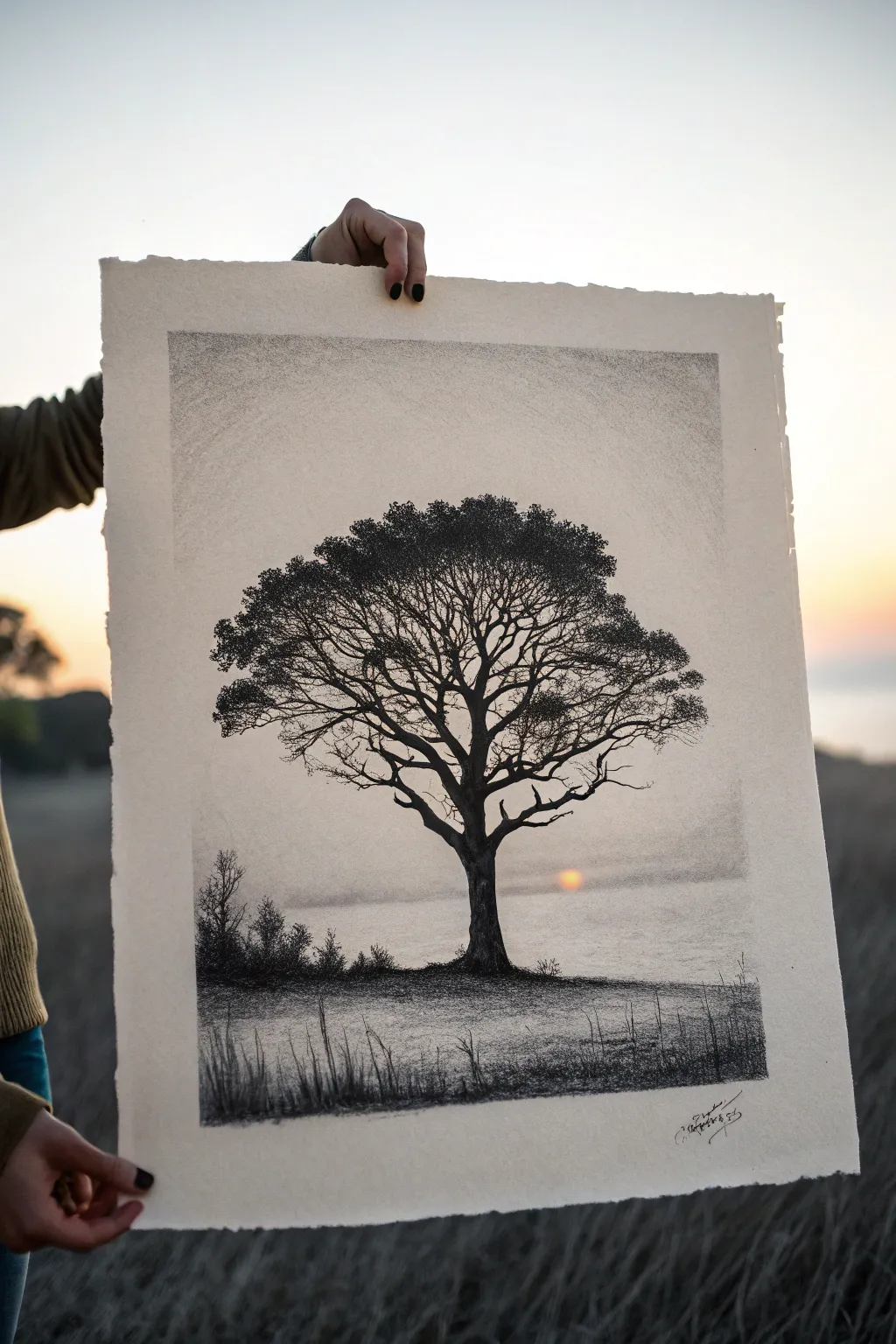 Bold charcoal tree silhouette on a softly blended light background for clean, minimalist contrast