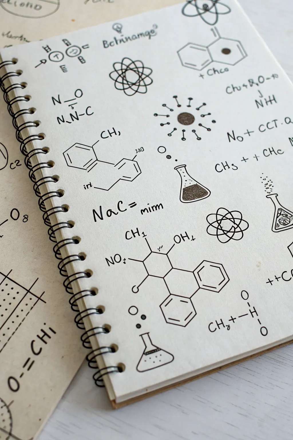 Minimalist lab notebook collage packed with chemistry doodles for easy painting inspiration.