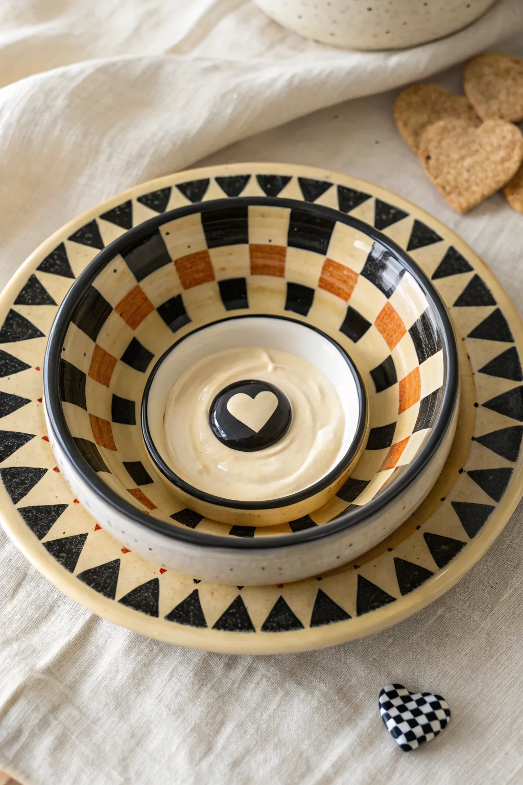 Bold checkerboard rim chip and dip bowl with a simple centered icon for graphic contrast