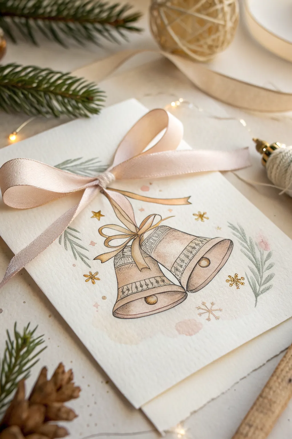Minimalist jingle bells tied with an oversized bow, a cozy Christmas drawing idea.