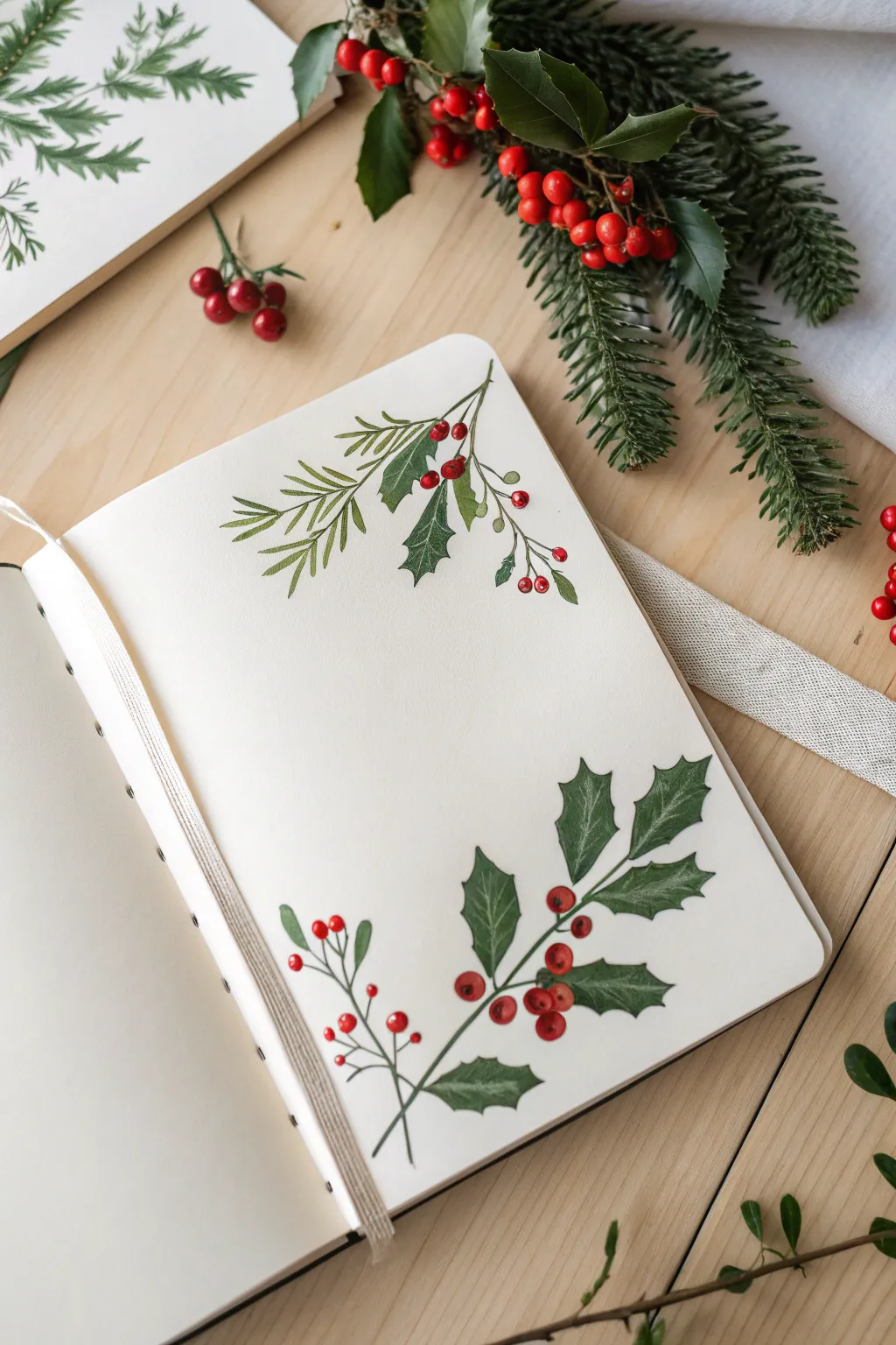 Tiny holly and mistletoe filler doodles in a clean sketchbook, minimalist holiday charm