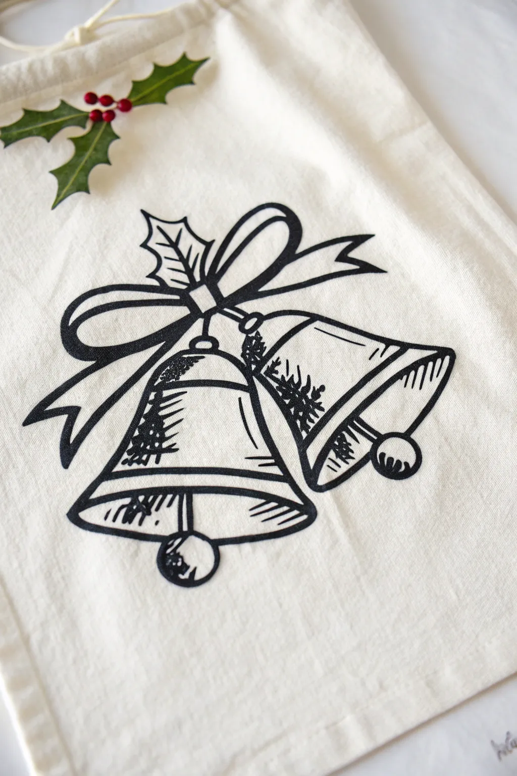 Easy Christmas drawing: bold jingle bells with a big bow and holly, clean minimalist lines.