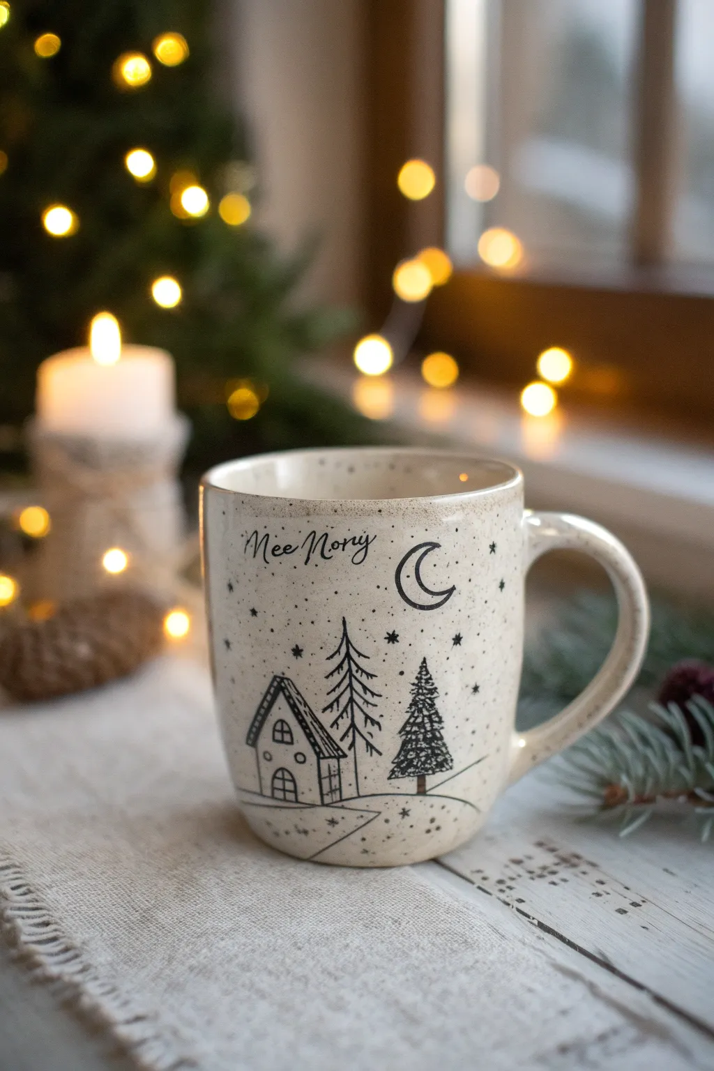 Warm, nostalgic hand-drawn Christmas memory mug with minimalist Scandinavian-boho charm.