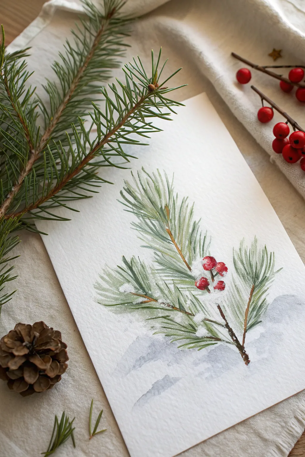 Easy Christmas painting: snowy pine branch in green and white with a single red berry pop.
