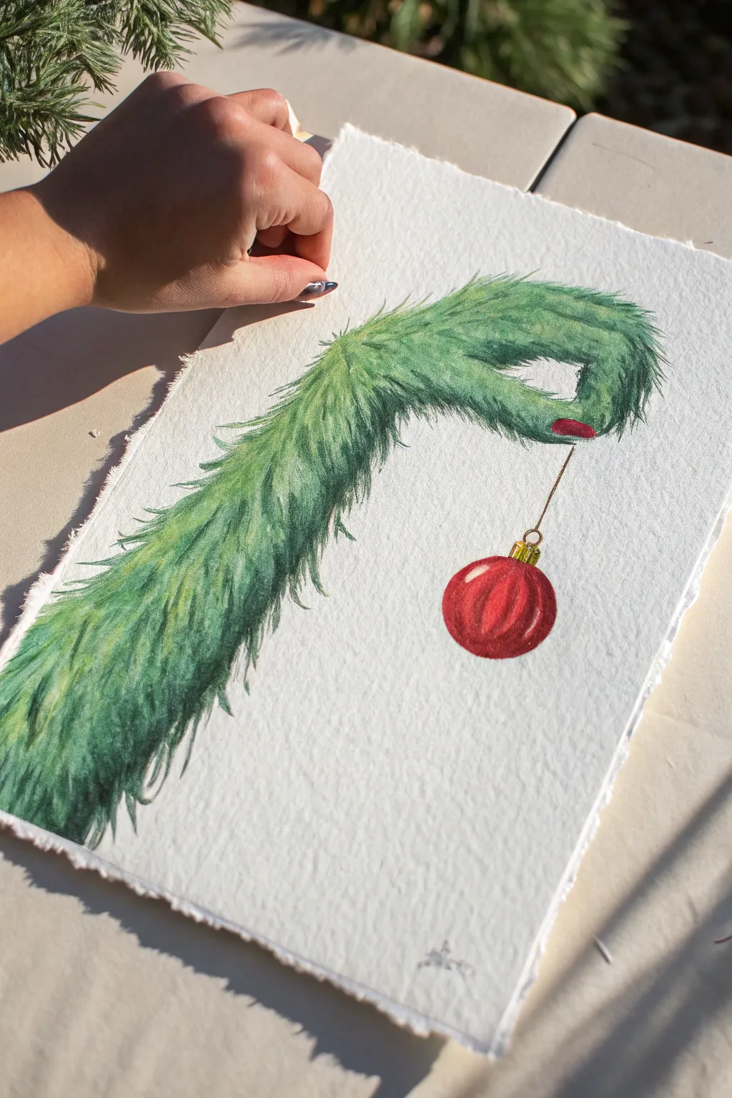 This playful green monster hand painting is the perfect easy DIY for your holiday cards.