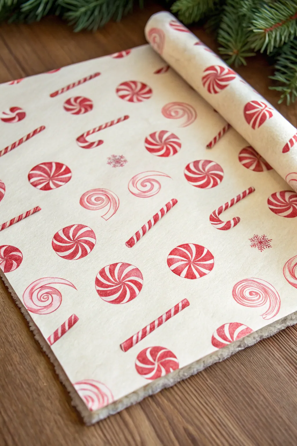Paint a chic wrapping-paper pattern of candy canes and peppermint swirls in clean minimalist style.