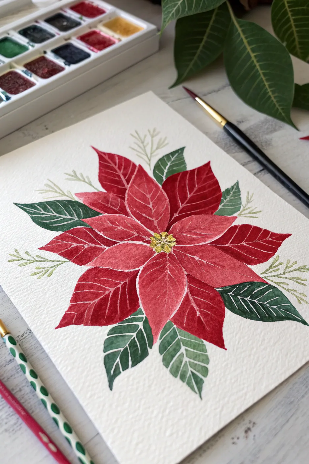 Simple poinsettia burst painting with bold reds and greens, perfect for a kid friendly holiday craft