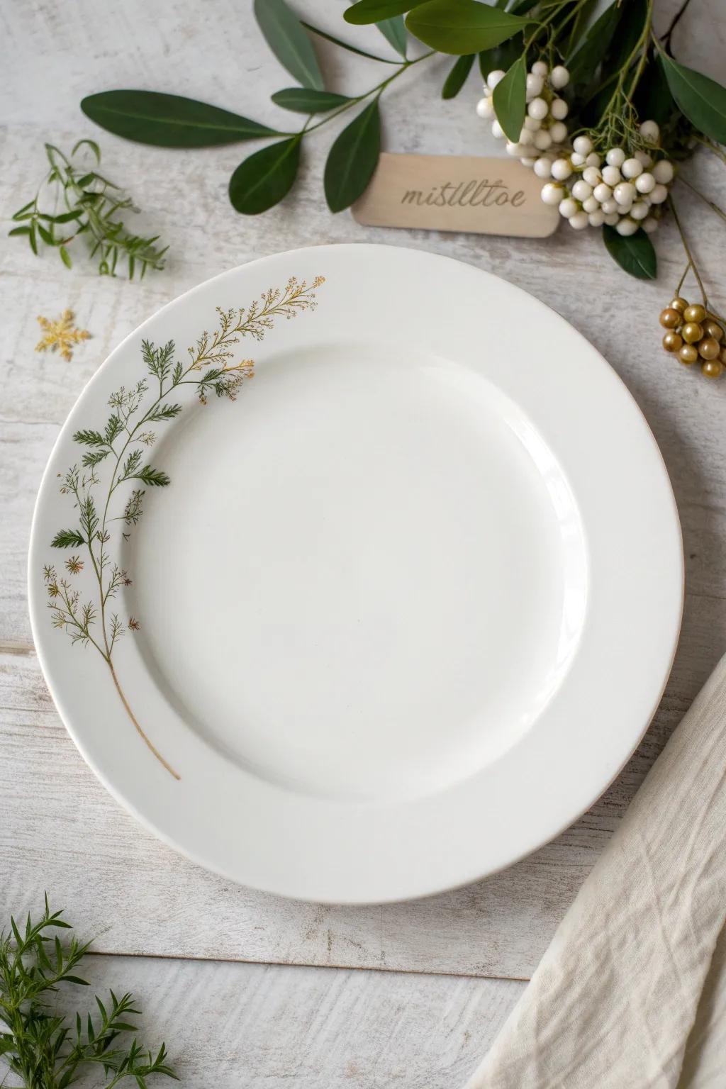 Minimal Christmas plate: corner mistletoe motif with elegant name and year along the rim