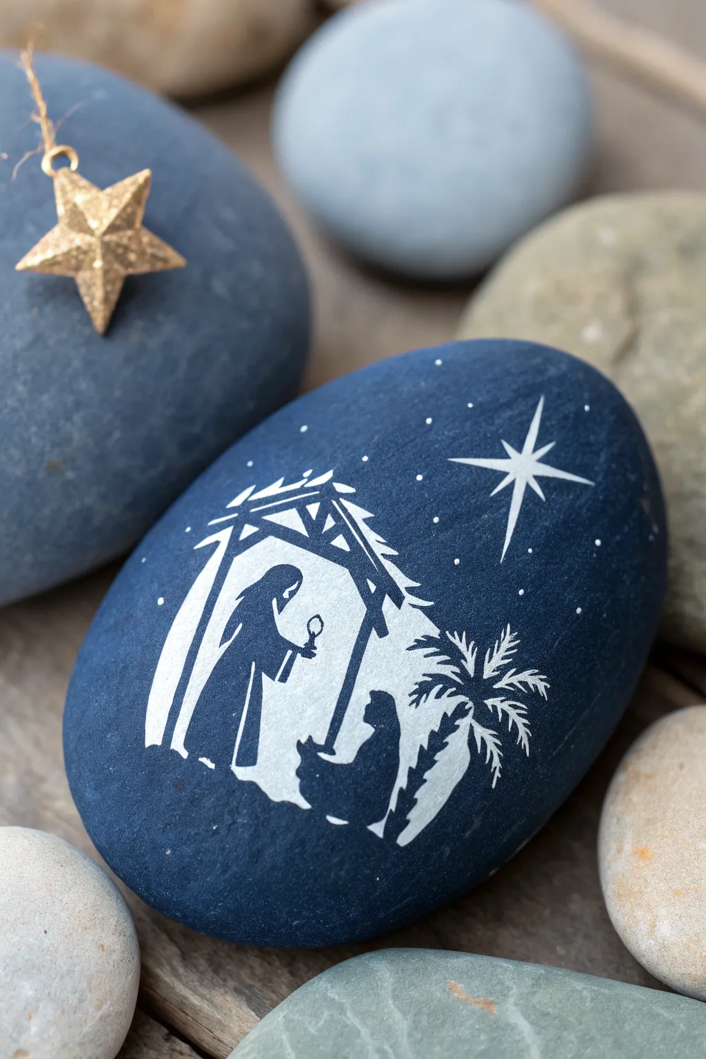 Minimal nativity silhouette on midnight blue rock with a bright star, calm Christmas craft inspo
