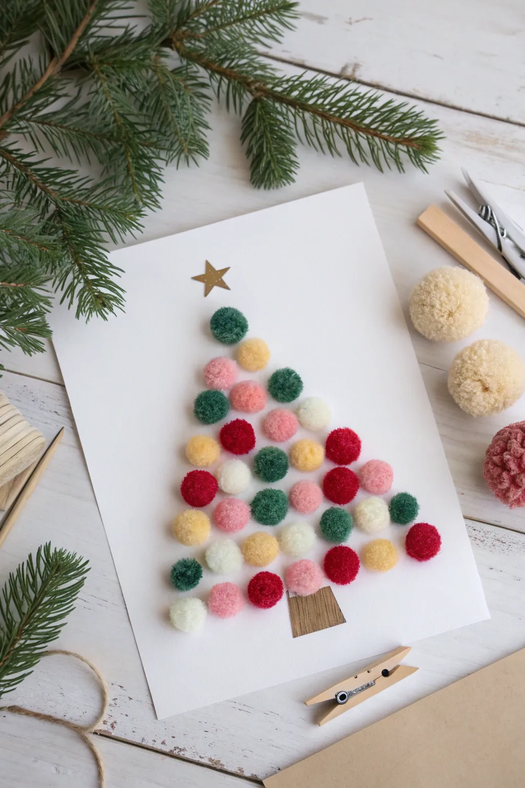 Create a pom-pom stamped Christmas tree with minimalist Nordic style and a soft boho feel