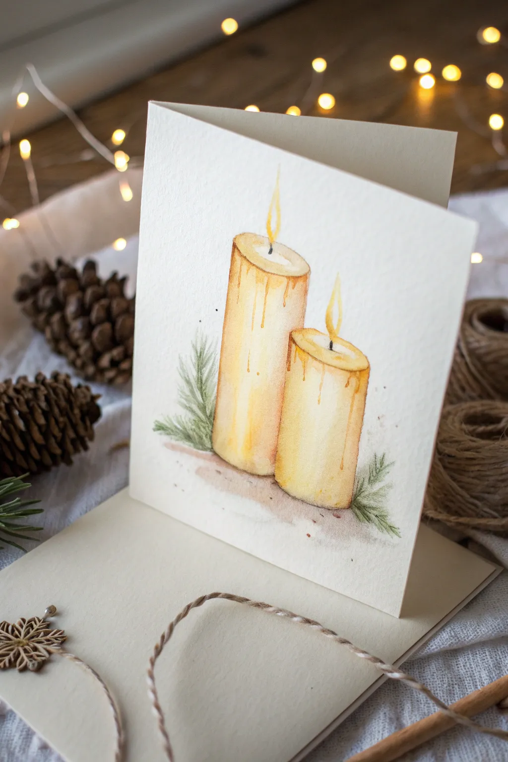 Two Christmas candles in watercolor, glowing with soft halos for a cozy minimalist holiday mood