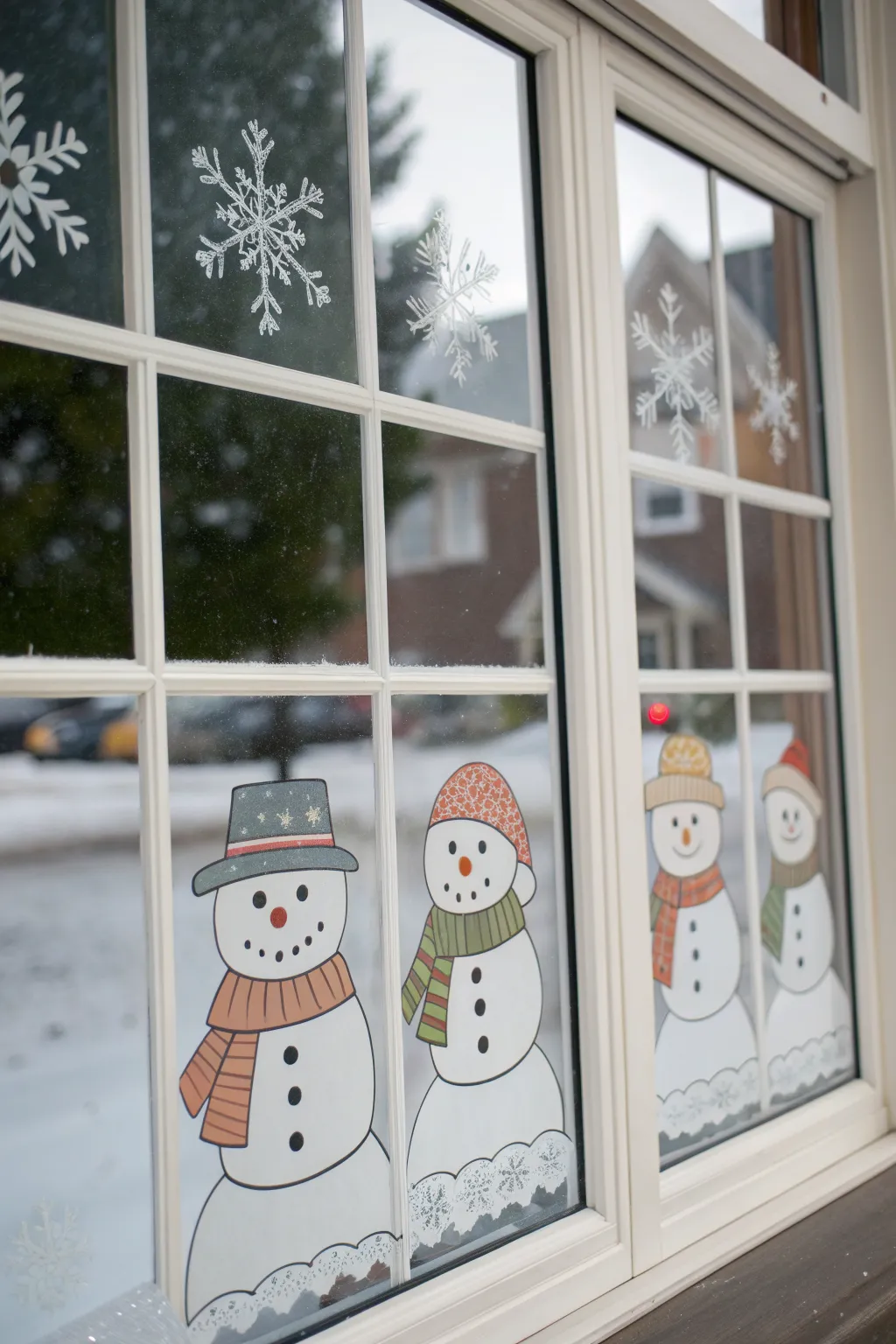 Snowman family row window painting with simple scarves, hats, and gentle falling snow.