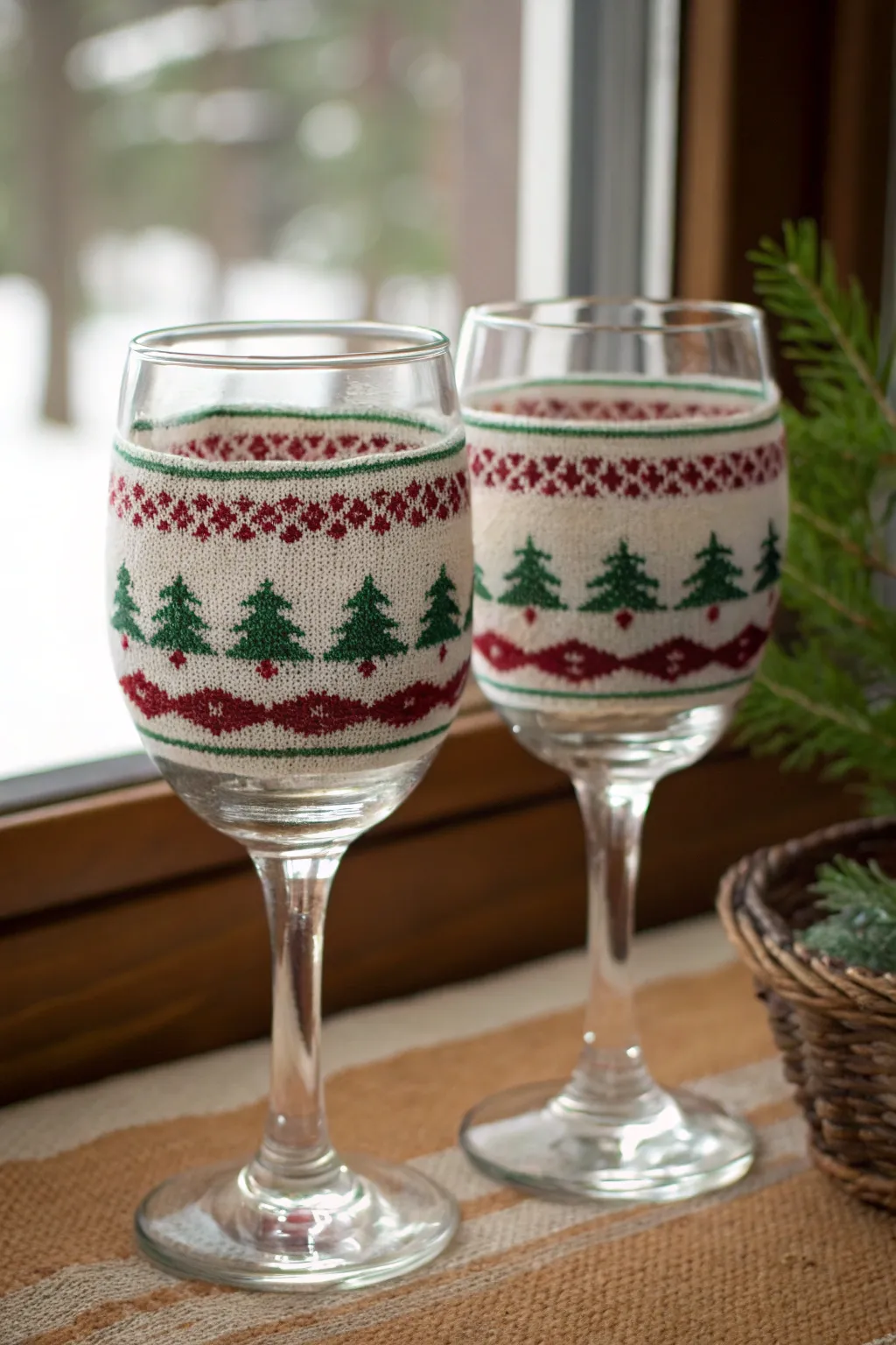Cozy sweater band wine glasses in red, green, and white for a minimalist Christmas craft vibe