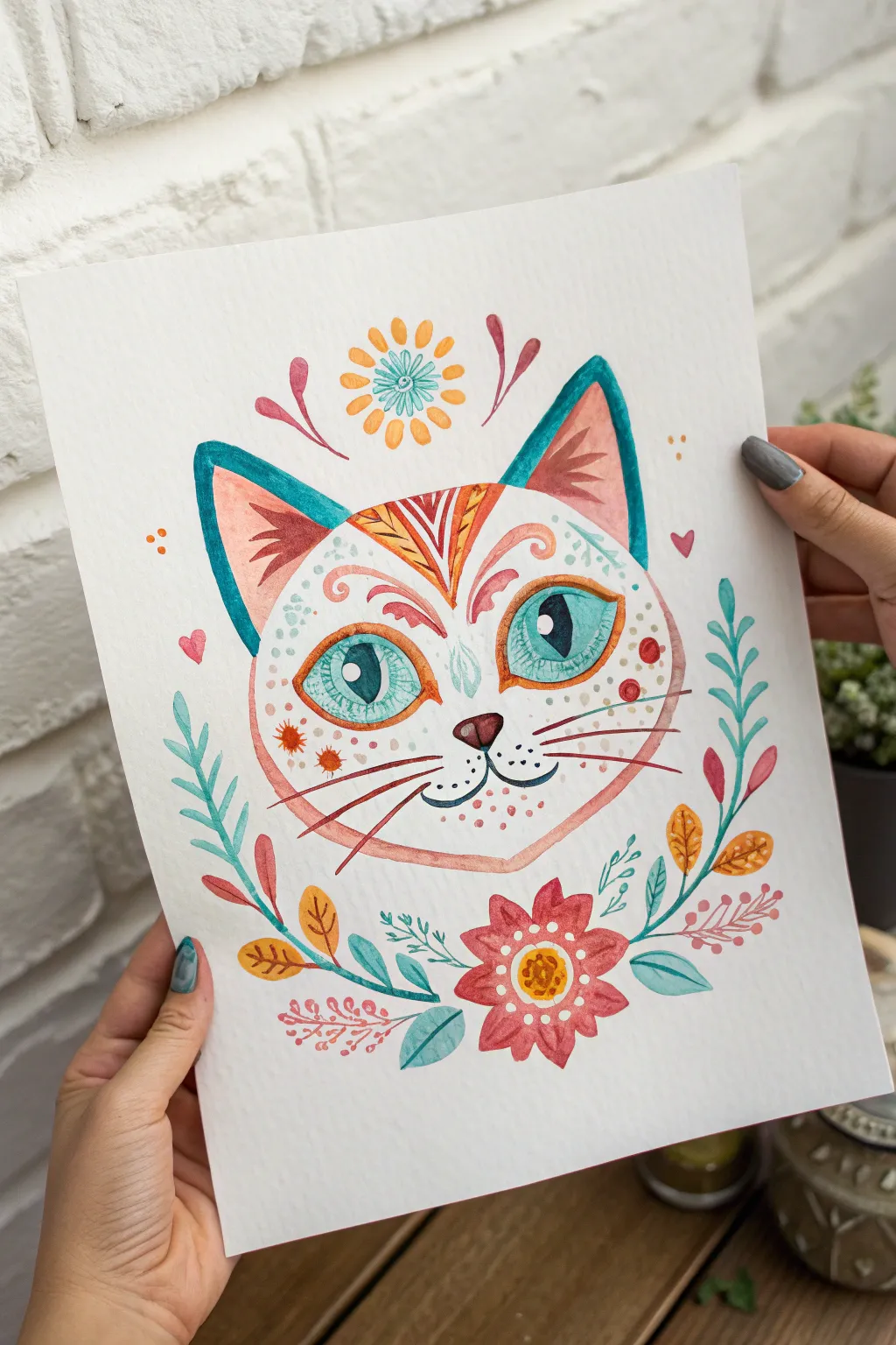Cheerful calavera-style cat portrait with bright floral details, simple and fun Cinco de Mayo art