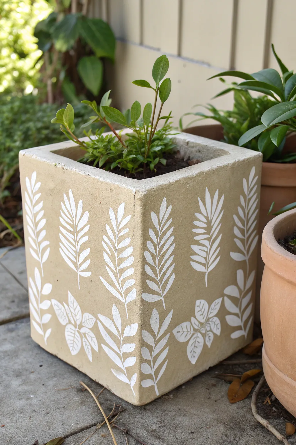 Minimalist painted cinder block planter with crisp botanical leaf silhouettes in soft morning light