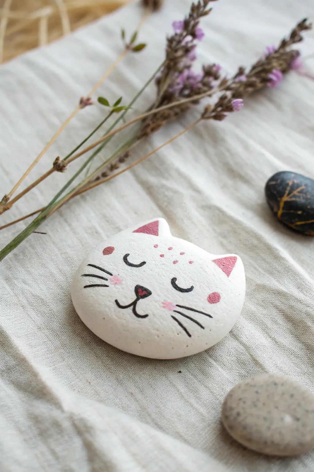 Minimal cat face circle rock painting, clean Scandinavian palette with cozy boho charm