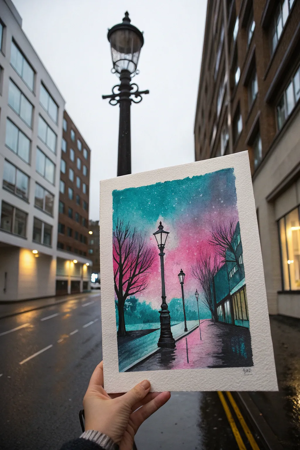 Paint a minimalist night streetlamp with soft neon haze and bold reflections for city inspiration.