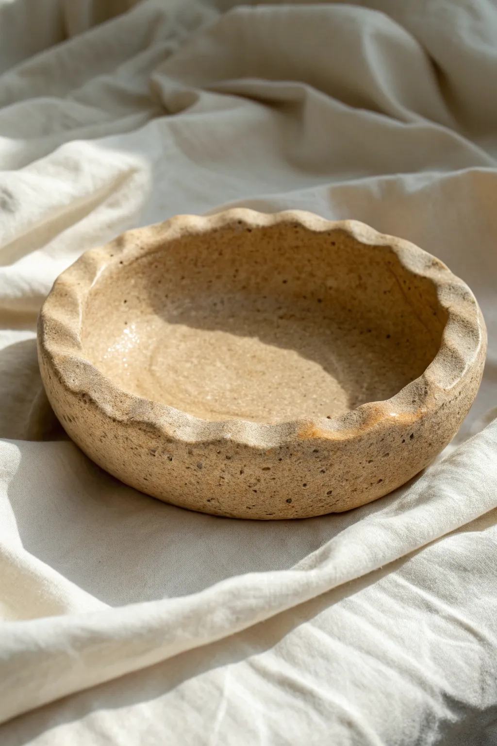 Wavy river-rock clay ashtray on linen, minimal and earthy with a handcrafted stone texture