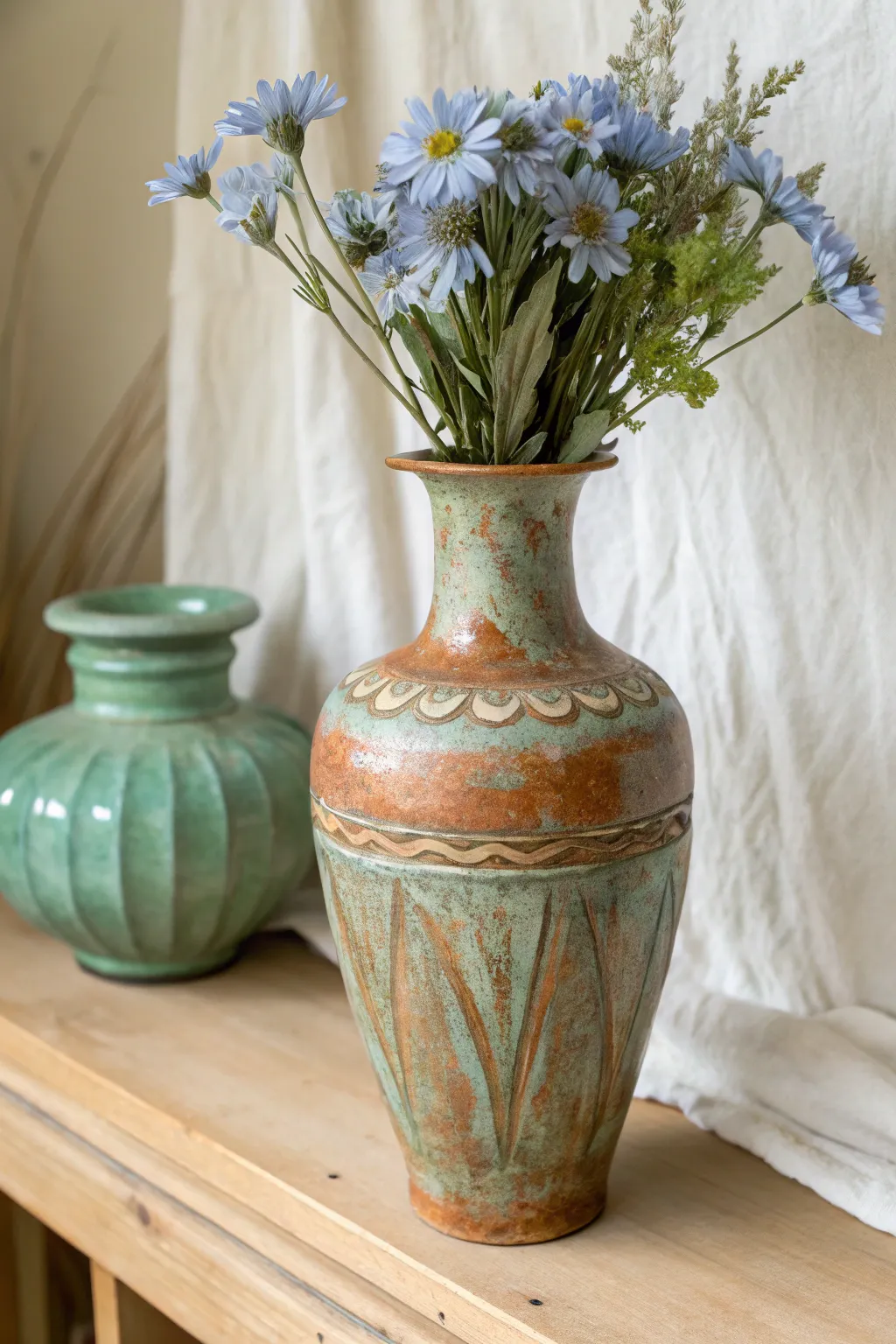 Paint a faux patina: blue-green washes on clay for an aged, collected Scandinavian look