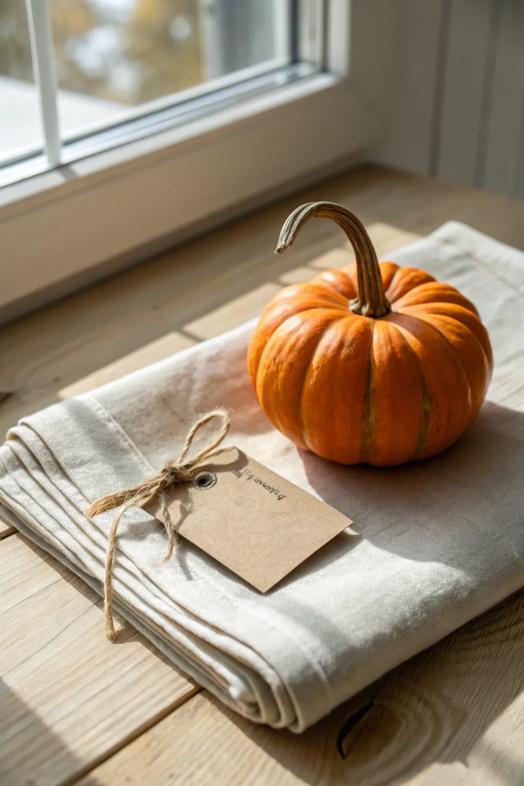 Minimalist pumpkin place card with twine tag and soft linen for a cozy, no-carve fall table