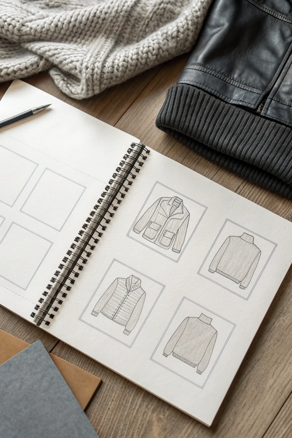 Minimal texture sampler wardrobe sheet: four outfit sketches with close-up fabric swatches to practice.