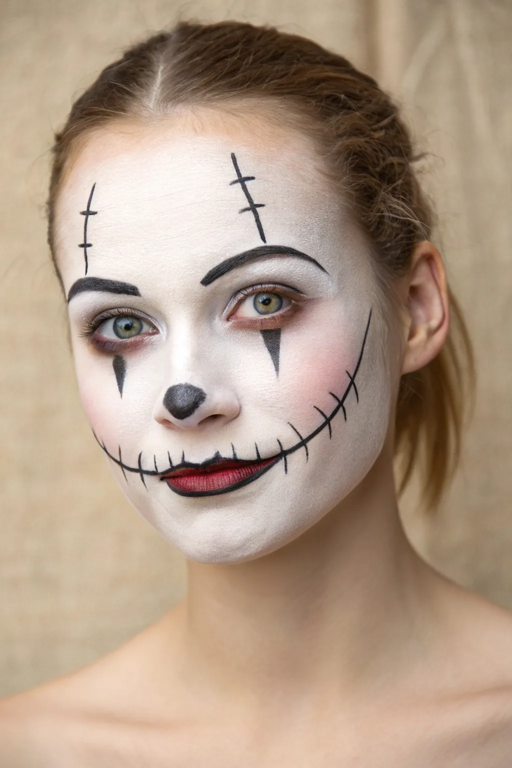 Create a hauntingly beautiful look with this minimalist stitched smile face paint idea.