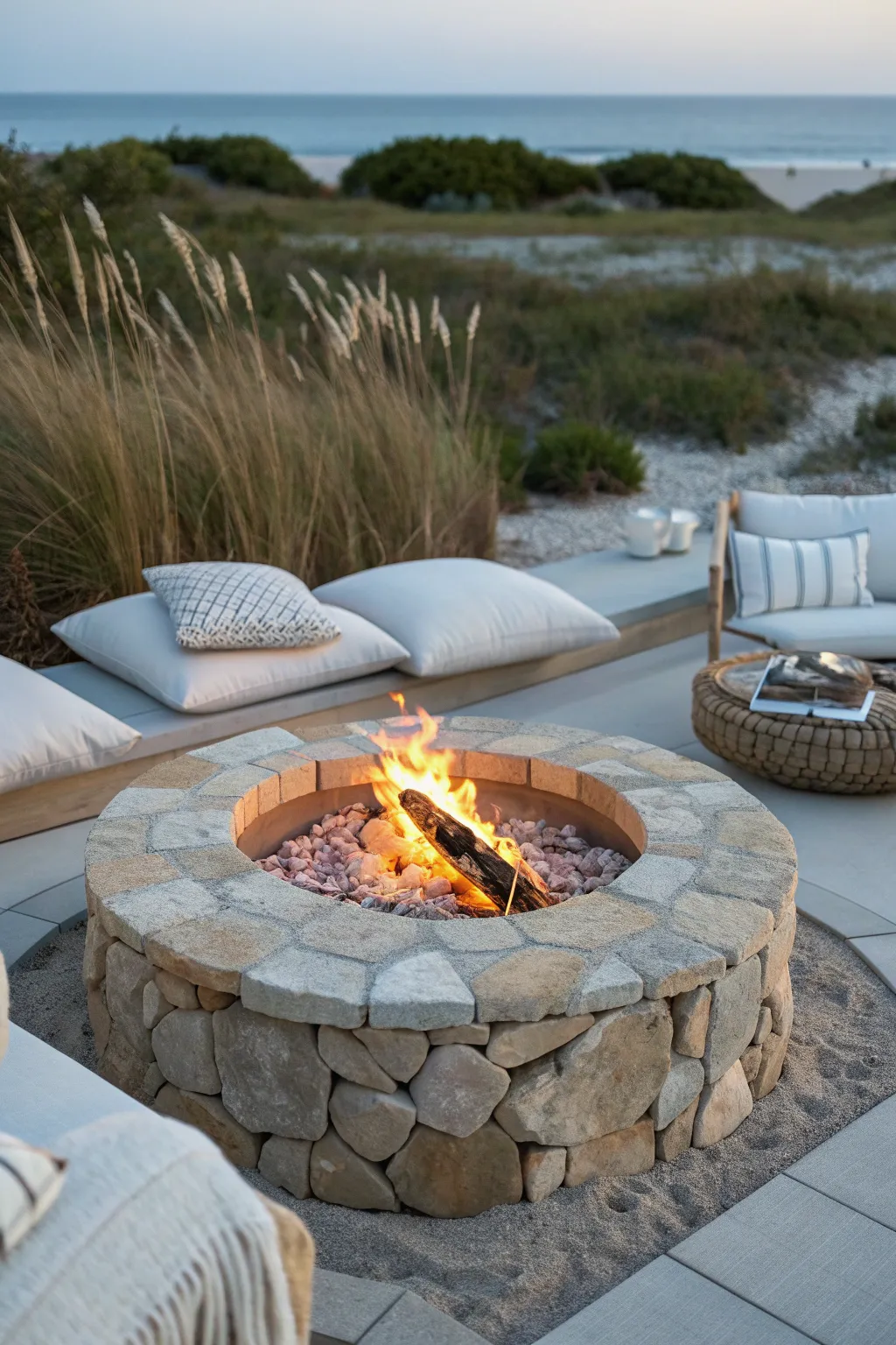 Cozy stone fire pit at blue-hour seaside, warm flames glow against cool coastal dusk tones.