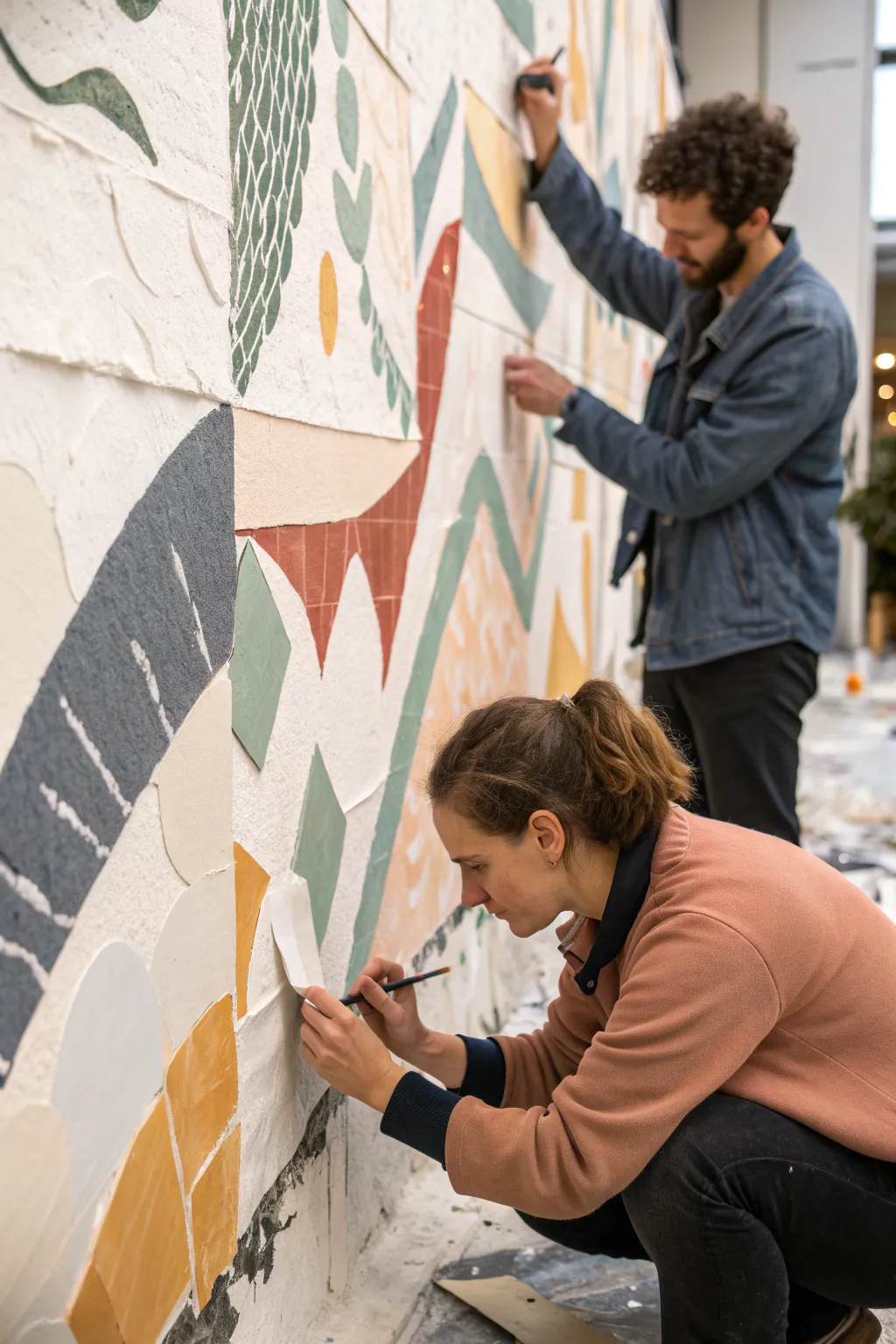 Close-up collage layers and painted marks as multiple hands craft a shared texture mural