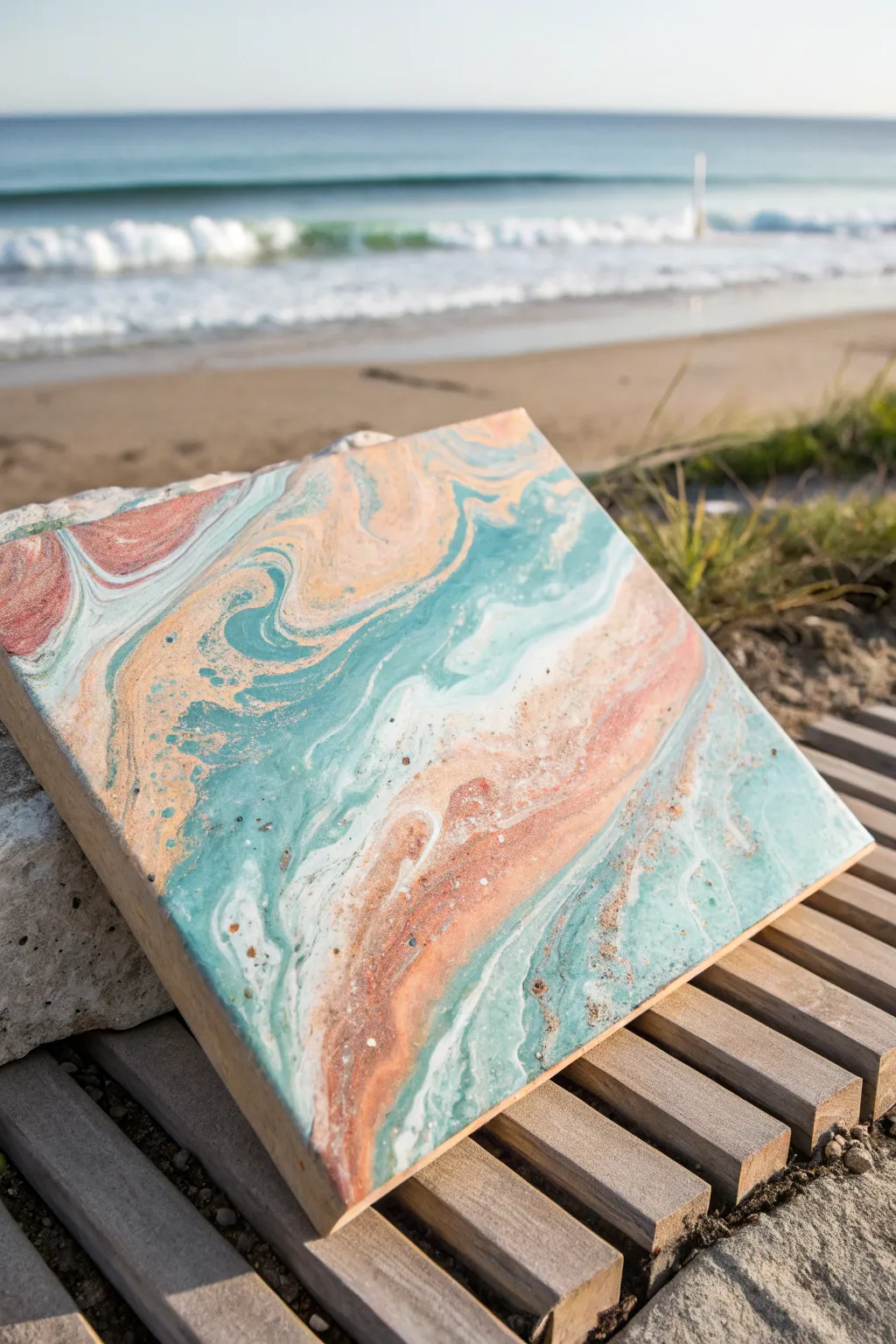 Aqua, sand, and coral pour painting palette for a calm beachy flow with high-contrast pops.