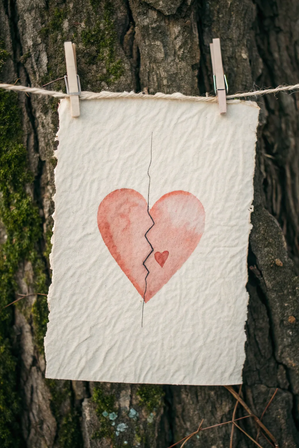 Split heart sketch with strings pulling apart, capturing inner conflict in a calm minimalist style