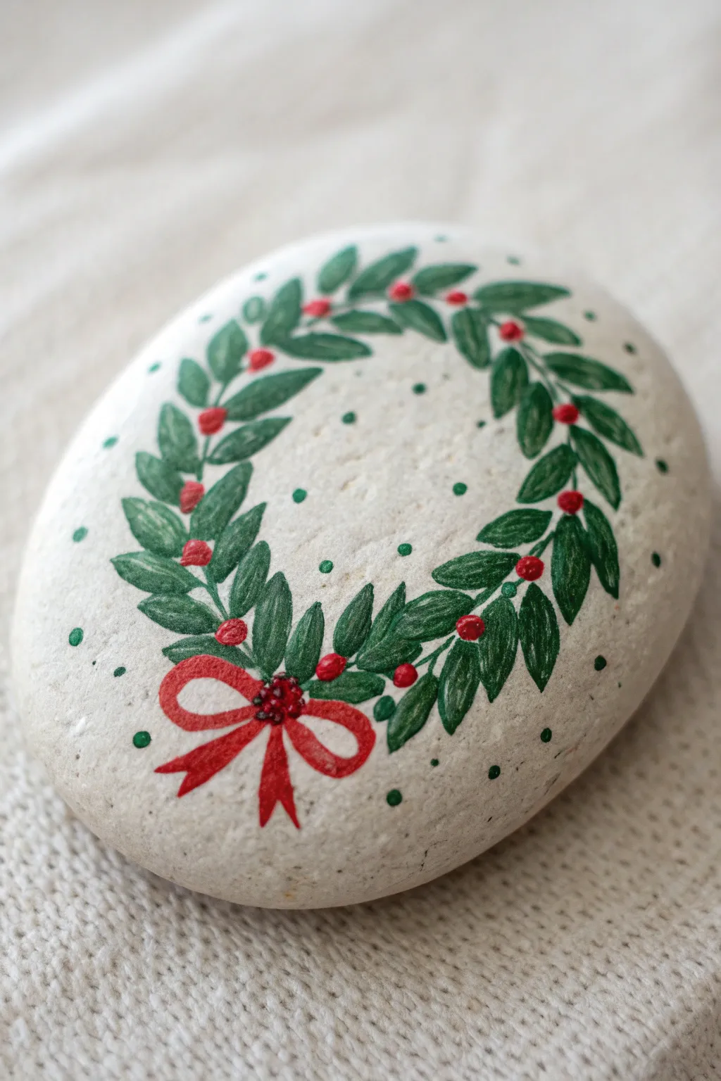 Minimal wreath rock art: lush green texture dots, tiny berries, and a sweet red bow