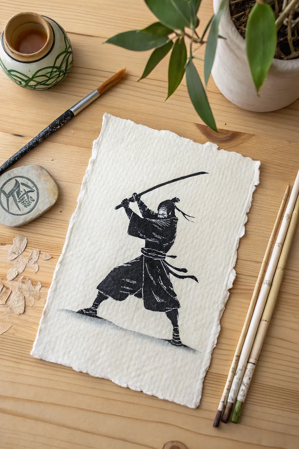 Capture the spirit of the warrior with this dynamic samurai silhouette drawing idea.