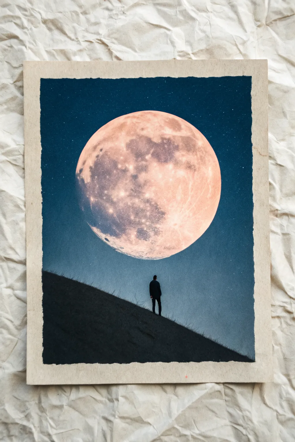 Dreamy oil pastel scene: a giant glowing moon towering over a tiny silhouette on a hill