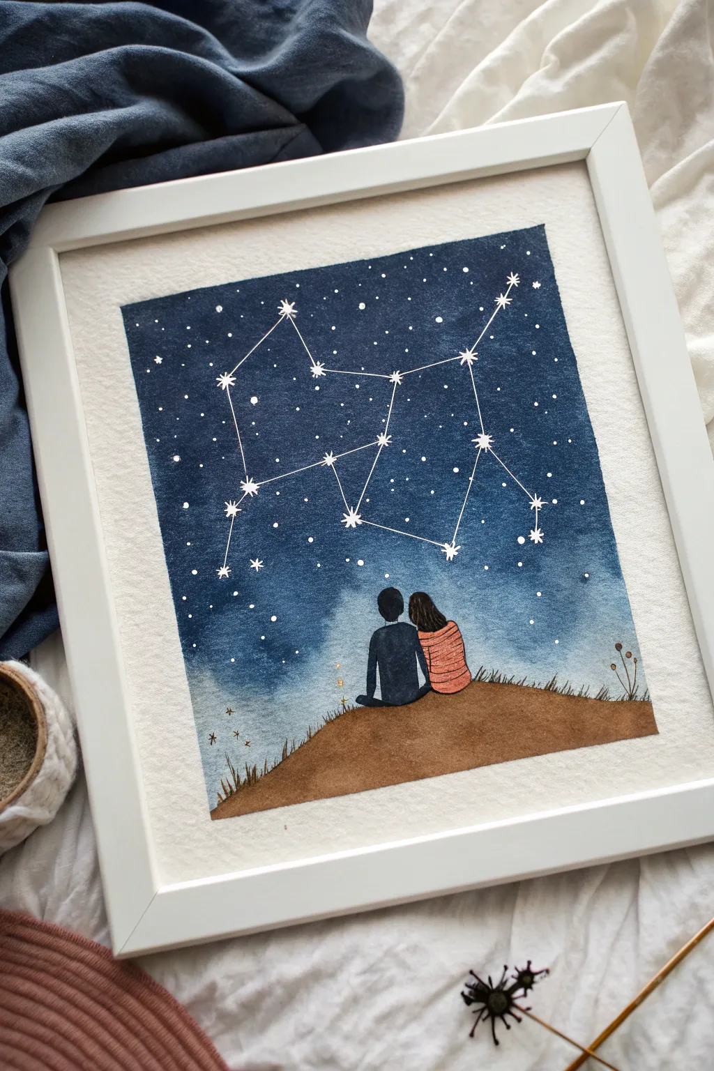 Minimalist night-sky cartoon couple painting, with constellation dots subtly shaping your shared initials