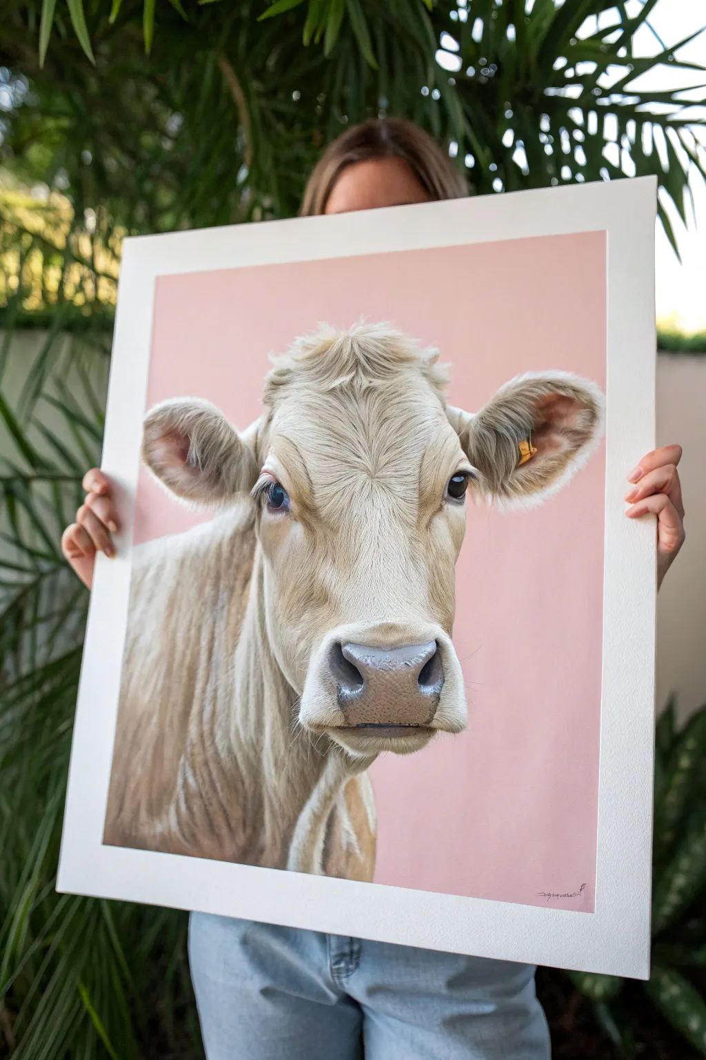 Neutral cow portrait on blush pastel background, minimalist Scandinavian boho painting inspiration.