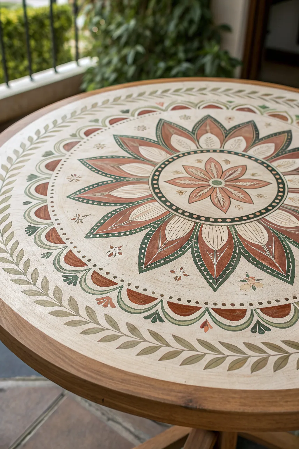 Overhead mandala medallion tabletop with muted boho tones and crisp fine-line detail